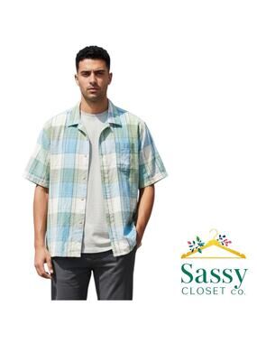 ✨ TOMMY BAHAMA 100% Silk Plaid Camp Shirt Men XL Blue EUC 🥥